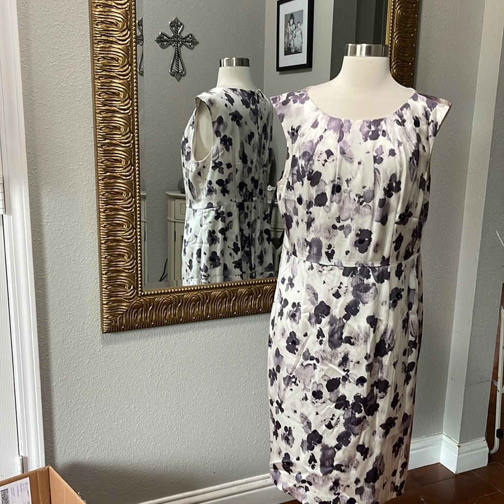 Ann Taylor White Cream Midi Dress with Purple Floral Print
